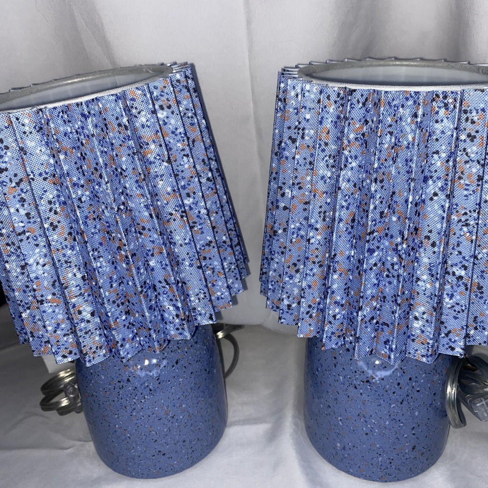 Set of 2 Mini Printed Ceramic Base Table Lamps with Printed Pleated Shades NEW